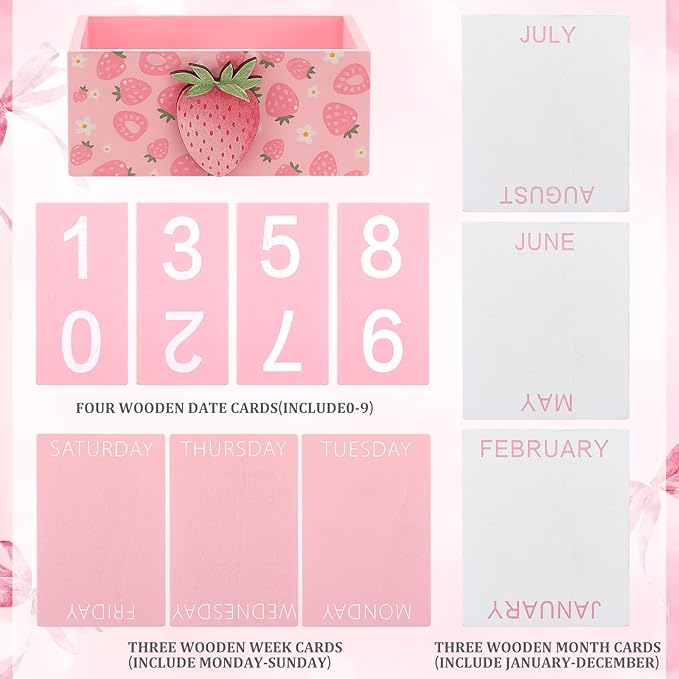 Pink Strawberry Wood Block Perpetual Calendar Coquettish Desk Decor Cute Month Week Date Display Decorative Block Calendar for Women Office Home Desk Gift for Women