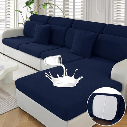 MAXIJIN Waterproof 4 Pieces Couch Cushion Covers for Sectional Sofa Seat Slipcover Stretch Sectional Couch Cover for L Shape Left/Right Chaise with Elastic Bottom (3 Seater + 1 Chaise, Navy Blue)