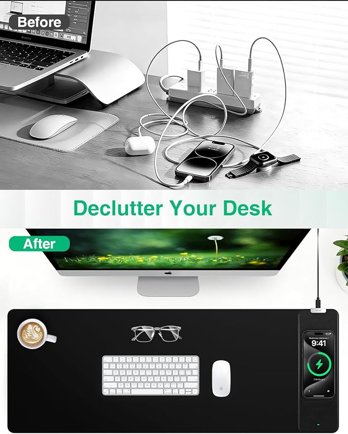 Mouse Pad with Wireless Charging, Black Mousepad Long Desk Mat, Large Gaming Mouse Pad, Soft Mouse Pad Gaming Desk Pad with Non-Slip Rubber Base, Extended Computer Keyboard Mat Office Mice Pad