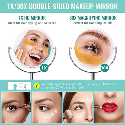 Auxmir 1X/ 30X Magnifying Mirror, Makeup Mirror with Tweezer, Double Sided Round Vanity Tabletop Mirror, 360° Rotation Portable for Dressing Table Desk Bathroom Bedroom Travel, Clear