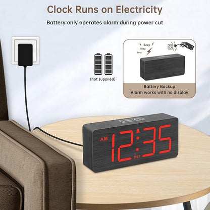 DreamSky Wooden Digital Alarm Clock for Bedroom - Desk Clocks for Living Room with Large Numbers, Loud Alarm for Heavy Sleepers with Volume Control, Dimmer, DST, Office Wood Decor (Plug in Clock)