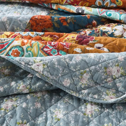 Cotton Bedspread Quilt Sets Reversible Bedding Coverlet Sets 3 Pieces Paisley Vintage Floral Yellow Blue Patchwork Bedspread, King Size