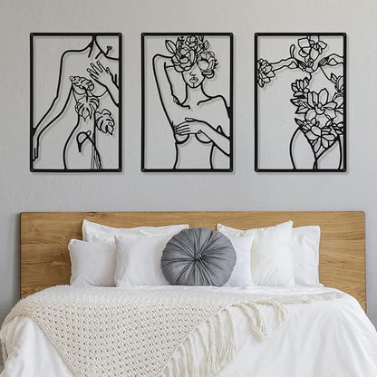 CHENGU 3 Pieces Metal Minimalist Abstract Woman Wall Art Line Drawing Wall Art Decor Single Line Female Home Hanging for Kitchen Bathroom Living Room