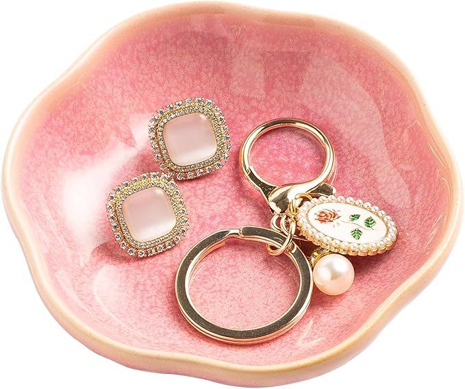 Ceramic Ring Dish Flower Jewelry Holder Dish Cute Jewelry Dish Tray Trinket Dish Small Decorative Tray Key Bowl Room Decor Aesthetic for Mom Best Friend Sister (pink)