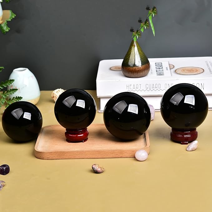 JIC Gem Small Black Crystal Ball - Obsidian Sphere with Wooden Stand for Feng Shui Healing, Meditation (70-80mm)