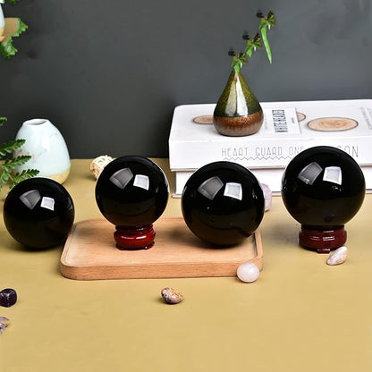 JIC Gem Small Black Crystal Ball - Obsidian Sphere with Wooden Stand for Feng Shui Healing, Meditation (70-80mm)