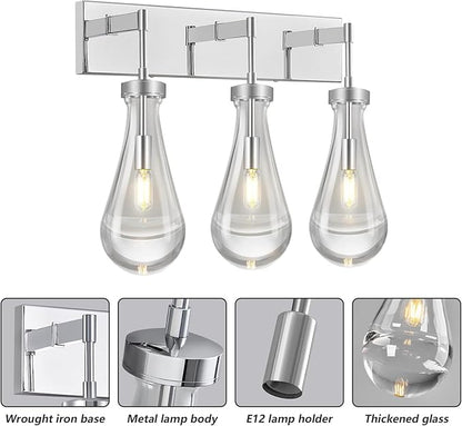 Raindrop Wall Sconces Chrome Crystal Sconces Wall Decor Modern Lighting Glass Bathroom Sconces Indoor Vanity Light Wall Lamp for Bedroom Living Room Stair(3-Light)