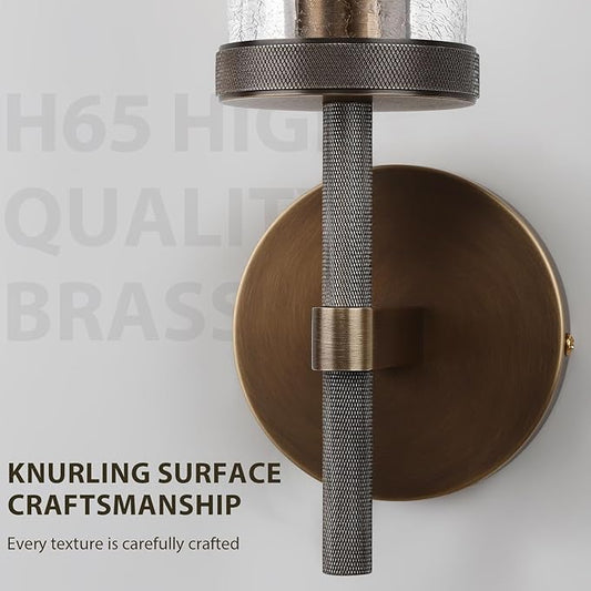 19.5" Knurled Brass Wall Sconce with Crackle Glass Tube, Bronze Bathroom Vanity Light Fixtures, Modern Lamp Lighting for Bedroom, Living Room, Hallway, Staircase, Mirror, Kitchen