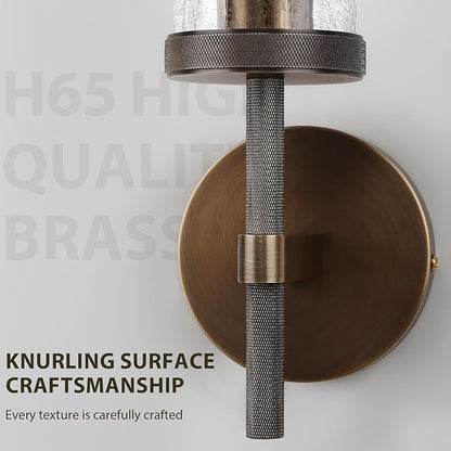 15" Knurled Brass Wall Sconces Set of 2, Bronze Bathroom Vanity Light Fixtures with Crackle Glass Tube, Modern Lamp Lighting for Bedroom, Living Room, Hallway, Staircase, Mirror, Kitchen