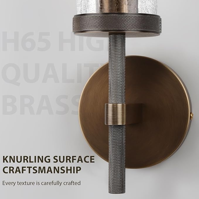 19.5" Knurled Brass Wall Sconces Set of 2, Bronze Bathroom Vanity Light Fixtures with Crackle Glass Tube, Modern Lamp Lighting for Bedroom, Living Room, Hallway, Staircase, Mirror, Kitchen