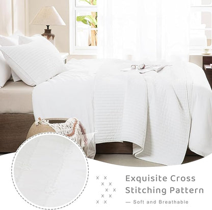 Sanracie Stonewashed Oversized King Bedspread(128"x120"), Cotton Milk White Extra Large Wide Oversized Quilt Coverlet Cross Stitch Soft Lightweight 3Pcs Crinkle Bed Coverlet Set