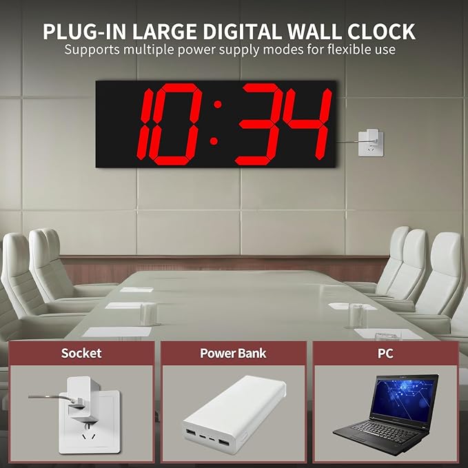 18.7‘’Large Digital Wall Clock,LED Digital Clock with Big Number,Multi-Function Remote Controlled Wall Clock with Timer, Alarm and Calendar Display(Red)
