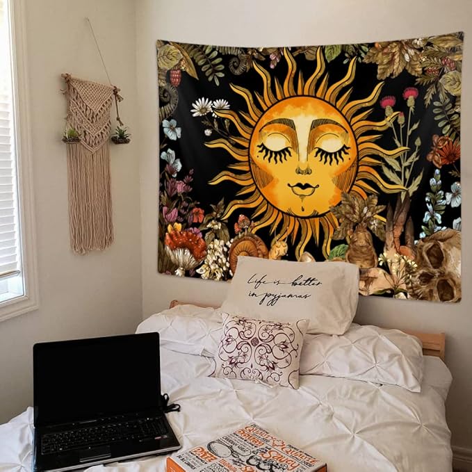 Boho Sun Tapestry for Bedroom Aesthetic, Vintage Plant Mushroom Botanical Sun and Moon Art Tapestries Wall Hanging for Dorm Living Room Decor 60X40, Fairy Poster Blanket