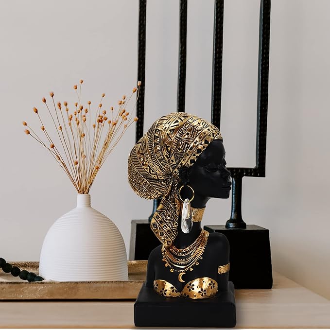 African Lady Bust Sculpture with Golden Headwrap – Resin Figurine with Earrings and Necklace, Modern African Woman Statue for Home Decor and Cultural Gift