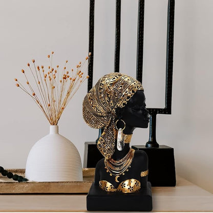 African Lady Bust Sculpture with Golden Headwrap – Resin Figurine with Earrings and Necklace, Modern African Woman Statue for Home Decor and Cultural Gift