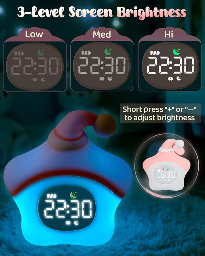 Star Alarm Clock with Night Light for Kids with Sleep Training and Sound Machine, Rechargeable Silicone Lamp OK to Wake Clock，Cute Animal Tabletop Lamp, Perfect Sleep Companion for Boys Girls, Pink