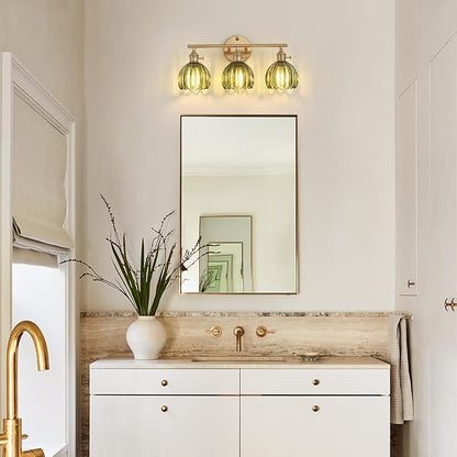 Bathroom Light Fixtures, 3-Light Brass Vanity Wall Light Over Mirror with Green Tulip Glass Shade for Bedroom Living Room (Bulb Not Included)