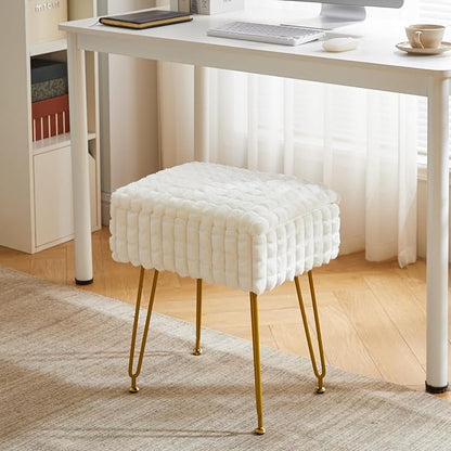 IBUYKE Rectangle Vanity Chair with Storage Space, Footrest Footstool Ottoman, Vanity Stool, Dressing Table Chair, with Anti-Slip Feet, for Makeup Room, Bedroom, Square Grid Pattern, White WBD004W