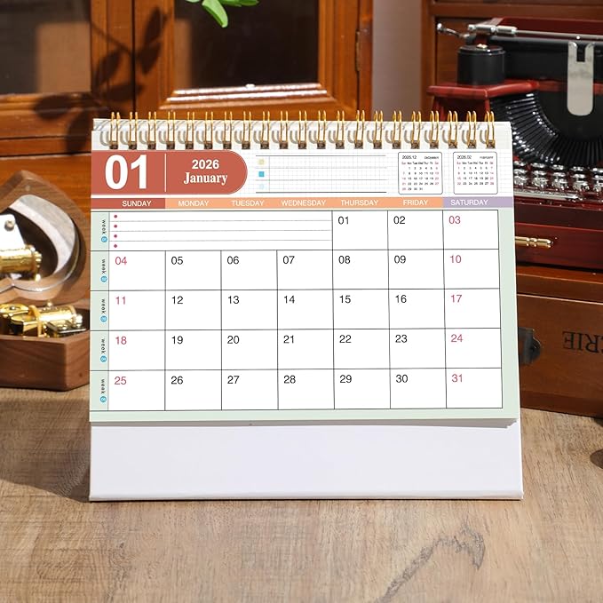 Small Desk Calendar 2025-2026, Use Now to Dec 2026, Standing Flip Desk Calendar with To-do List & Notes, Metal Ring Twin-Wire Binding with Stickers, Thick Paper Monthly Desktop Calendar for Home Office (White)