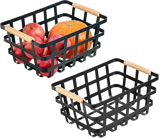 Farmhouse Baskets Wire Metal Baskets Storage Organizer Fruit Bin with Wood Handles for Pantry Cabinets Rustic Kitchen Counter Closet2 Pack - Black