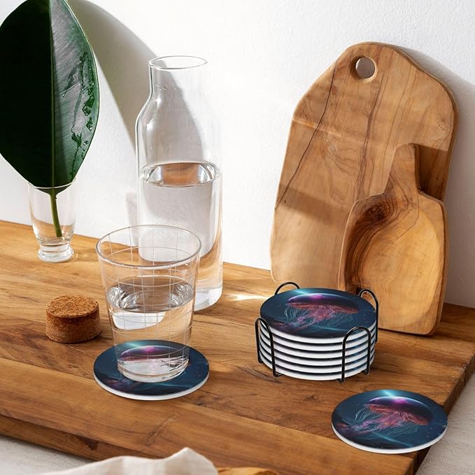 6 Pcs Ceramic Coasters with Holder Absorbent Drink Round Fantasy Mountains Galaxy Gellyfish Design for Home Table Coffee Cup Wine Beer Bar,Size 4.4 inches