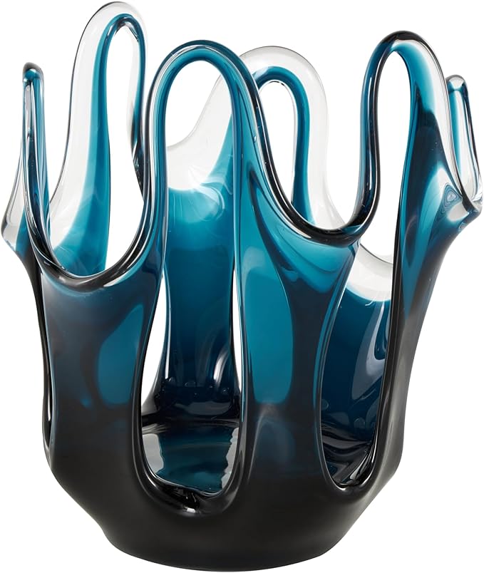 Deco 79 Glass Abstract Decorative Vase Ombre Centerpiece Vase with Wavy Oval Cutouts, Flower Vase for Home Decoration 8" x 8" x 10", Blue