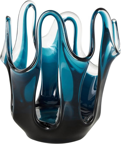 Deco 79 Glass Abstract Decorative Vase Ombre Centerpiece Vase with Wavy Oval Cutouts, Flower Vase for Home Decoration 8" x 8" x 10", Blue