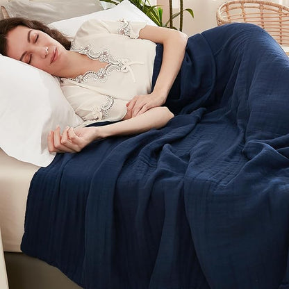 EMME Muslin Blanket 100% Cotton Throw Blankets for Couch Breathable Gauze Blanket All Season Soft and Lightweight Pre-Washed Cotton Blanket (Navy, 50"x70")