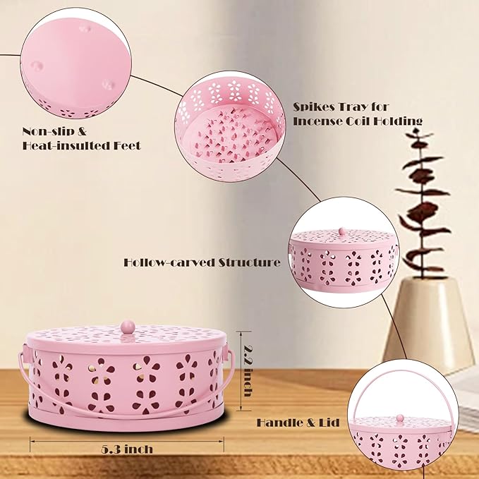 2-Pack Citronella Coil Holder Portable Iron Mosquito Coil Holder Incense Burner with Lid and Handle Round Coil Incense Holder (Bronze/Pink)