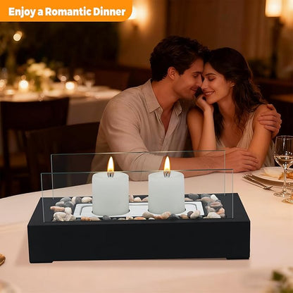 Rectangle Tabletop Hurricane Candleholder with Decorative Stones - Suitable for Dia 2.5" and Below Pillar Candles and Scented Candles, Gift for Dinner Table Centerpiece & Housewareming