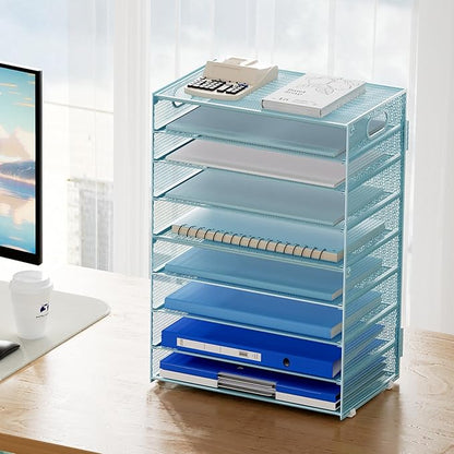 Marbrasse Paper Organizer Letter Tray, 9 Tier Mesh File Organizer with Handle, Paper Sorter Desk Organizer for Home Office Supplies - Blue