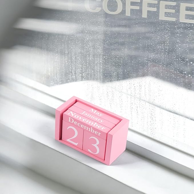 Perpetual Desk Calendar - Wooden Block Calendar for Desk, Reusable Date Display Blocks for Office & Home Decor, Teacher Classroom Accessory (Pink)