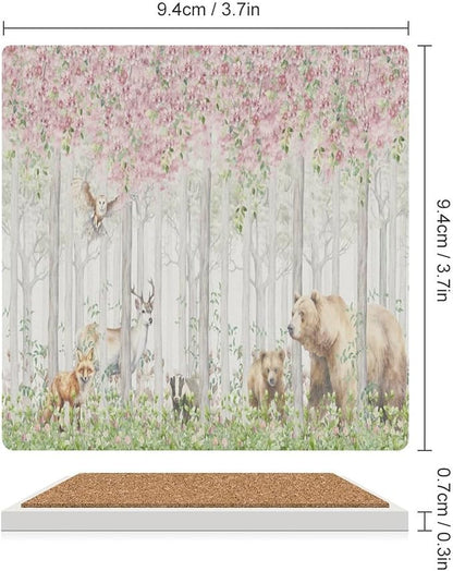 Forest Drink Coasters, Square Ceramic Drink Coaster Square-6PCS, Cartoon Nature Forest Flower Animal Bear, Deer, Fox, Rabbit Decor Absorbent Ceramic Coasters for Beverage Cup, Bar, Coffee Table