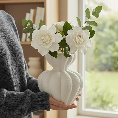 White Ceramic Vase, 8.2 Inch Modern Boho White Flower Vase for Home Decor, Unique Vase for Farmhouse Living Room Cabinet Table Centerpieces Wedding Decorations