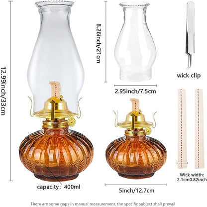 Large Oil Lamp for Indoor Use,Rustic Kerosene Lamp with 2 Pcs Wicks and 1 Tweezers,Glass Hurricane Lantern for Home Emergency Lighting (Brown)