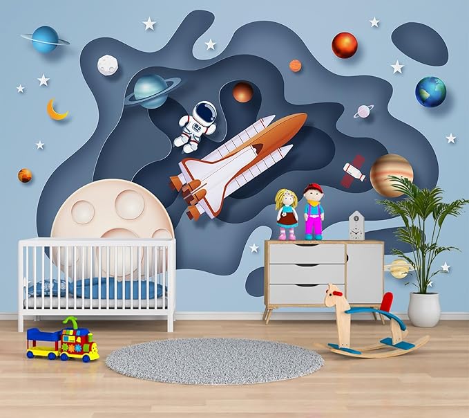 Space Wallpaper for Boys Room Cartoon Planet Astronauts Wall Murals for Kids Room Bedroom（Not Peel and Stick）