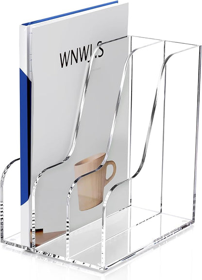 SANRUI Acrylic Magazine File Holder for Desk Organizers, Clear 3 Vertical Compartments A4 Folder Binder Holders Sorter, Desktop Workspace Organization Storage Racks for Office Home School