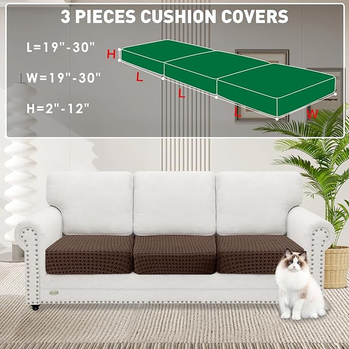 MAXIJIN Couch Cushion Covers for Sectional Sofa, Stretch Sofa Cushion Cover Washable Furniture Protector with Elastic Bottom & Non-Slip Strap for Pets Kids (3PC Seat Cover, Brown)