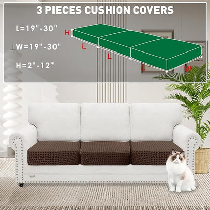 MAXIJIN Couch Cushion Covers for Sectional Sofa, Stretch Sofa Cushion Cover Washable Furniture Protector with Elastic Bottom & Non-Slip Strap for Pets Kids (3PC Seat Cover, Brown)