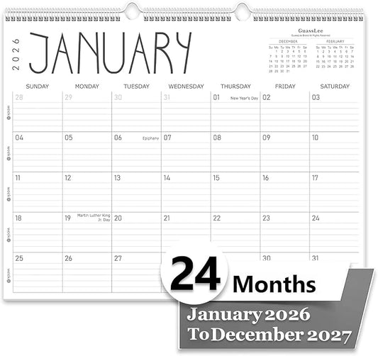 GuassLee Large Wall Calendar 2026-2027, 24-Month 22" x 17" Wall Calendar from Jan. 2026 to Dec. 2027, Large Desktop Hanging Monthly Planner with Thick Paper, Ruled Blocks for Home School Office