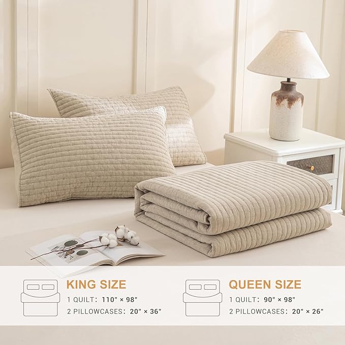 Sanracie Stonewashed Cotton Coverlet Queen Size(90"x98"), Ultra Soft Dark Wheat Color Crinkle Quilt Bedding Set 3Pcs Cross Stitch Pattern Lightweight Breathable Bedspread Set for All Season