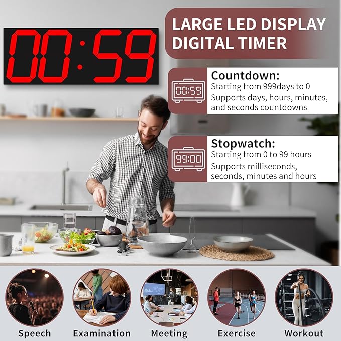 18.7‘’Large Digital Wall Clock,LED Digital Clock with Big Number,Multi-Function Remote Controlled Wall Clock with Timer, Alarm and Calendar Display(Red)