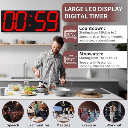 18.7‘’Large Digital Wall Clock,LED Digital Clock with Big Number,Multi-Function Remote Controlled Wall Clock with Timer, Alarm and Calendar Display(Red)
