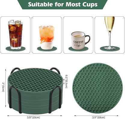 Silicone Coasters Set of 8 with Holder,Coasters for Drinks,Beer,Coffee Coasters,Suitable for Kinds Cups,Hot or Cold,Anti-SLI,Non-Stick,Anti-Overflow Tabletop Protection and Decor (8 Pcs, Green)