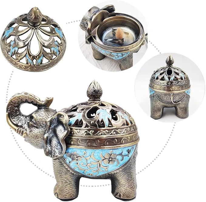 Hourwof Metal Elephant Incense Holder,Vintage Cone Coil Incense Burner with Lid,Ash Catcher,Aromatherapy Ornament Home Office Decor (Purple)