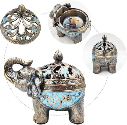 Hourwof Metal Elephant Incense Holder,Vintage Cone Coil Incense Burner with Lid,Ash Catcher,Aromatherapy Ornament Home Office Decor (Purple)