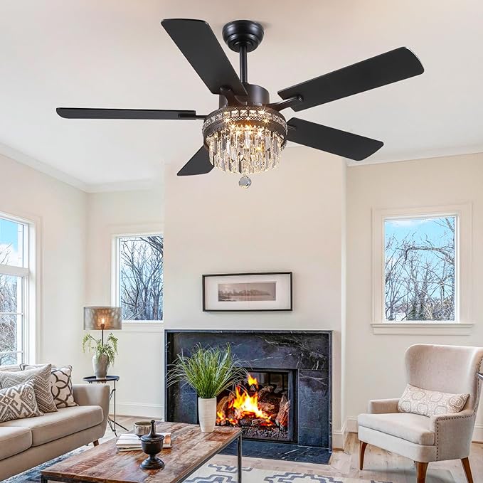 Asyko Crystal Ceiling Fan Fandelier with Lights - 46" Outdoor Fans with Remote Control，Crystal Ceiling Fans Noiseless DC Motor, Retro/Farmhouse Lighting, Dining Room,Living Room