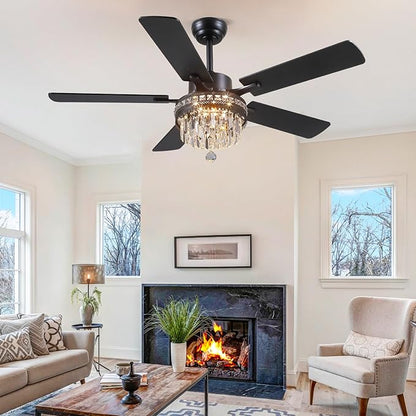 Asyko Crystal Ceiling Fan Fandelier with Lights - 46" Outdoor Fans with Remote Control，Crystal Ceiling Fans Noiseless DC Motor, Retro/Farmhouse Lighting, Dining Room,Living Room