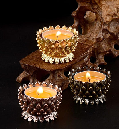 Lotus Flower Votive Tealight Candle Holder,Copper Buddhist Candlestick Holder,Tibetan Buddhist Water Offering Cup,Oil Lamp Holder for Meditation Buddha Altar with 4PCS Floating Canldes (Red)