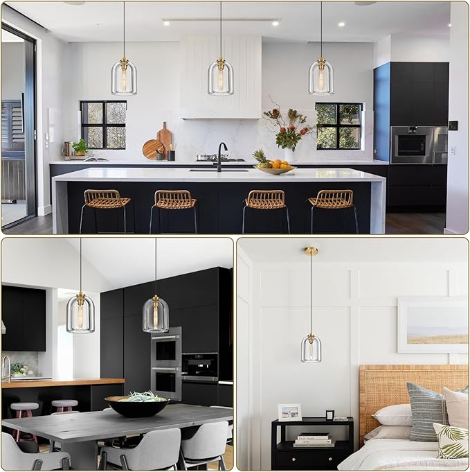 Crystal Pendant Light Kitchen Island: 5.1" Dimmable Vintage Brass Hanging Lights above Dining Table - Modern K9 Crystals Lighting - Luxury Gold Cylinder Pendants Light Fixtures 3000K E12 Bulb Included